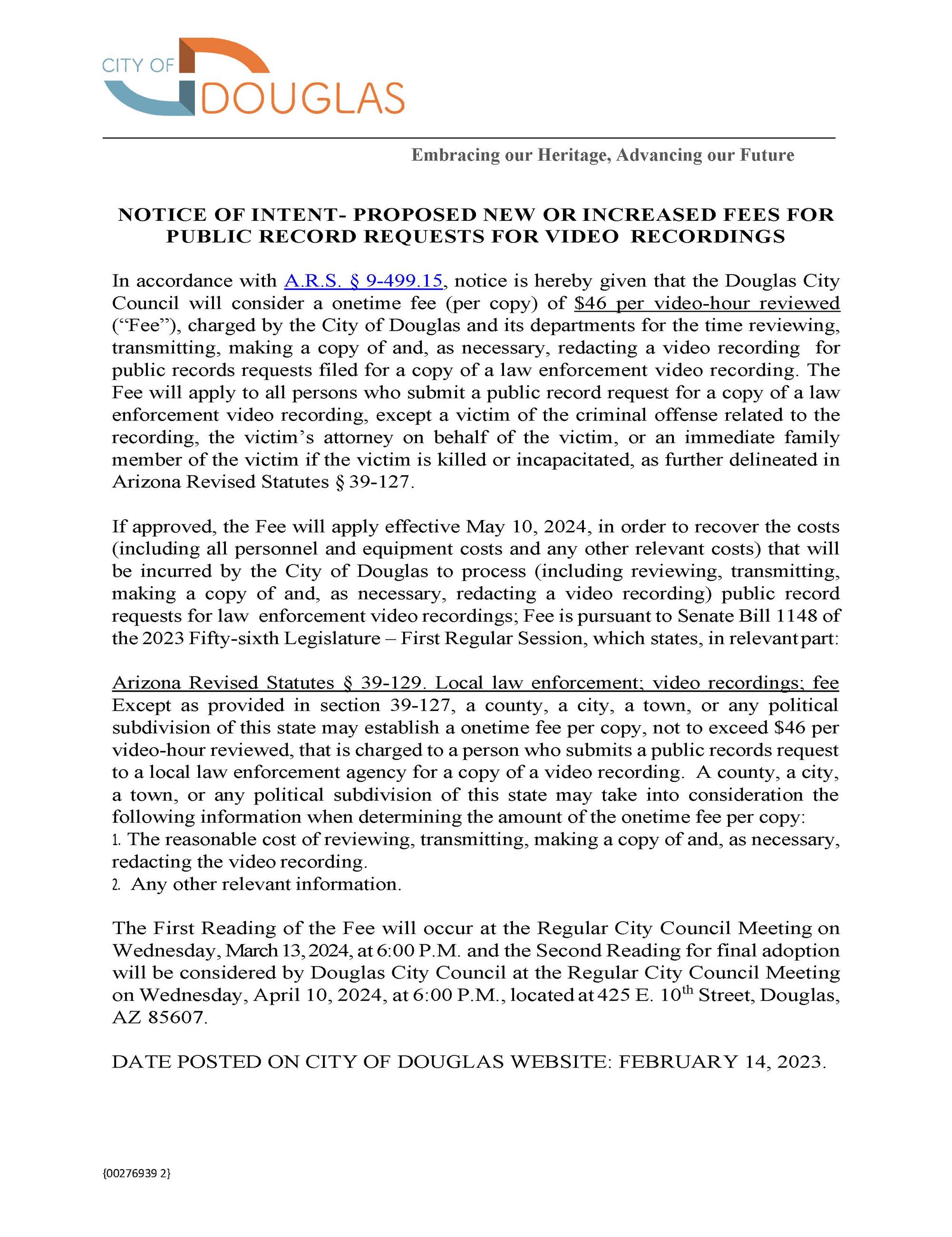 Notice of Intent Body Camera PR New Fee.021424