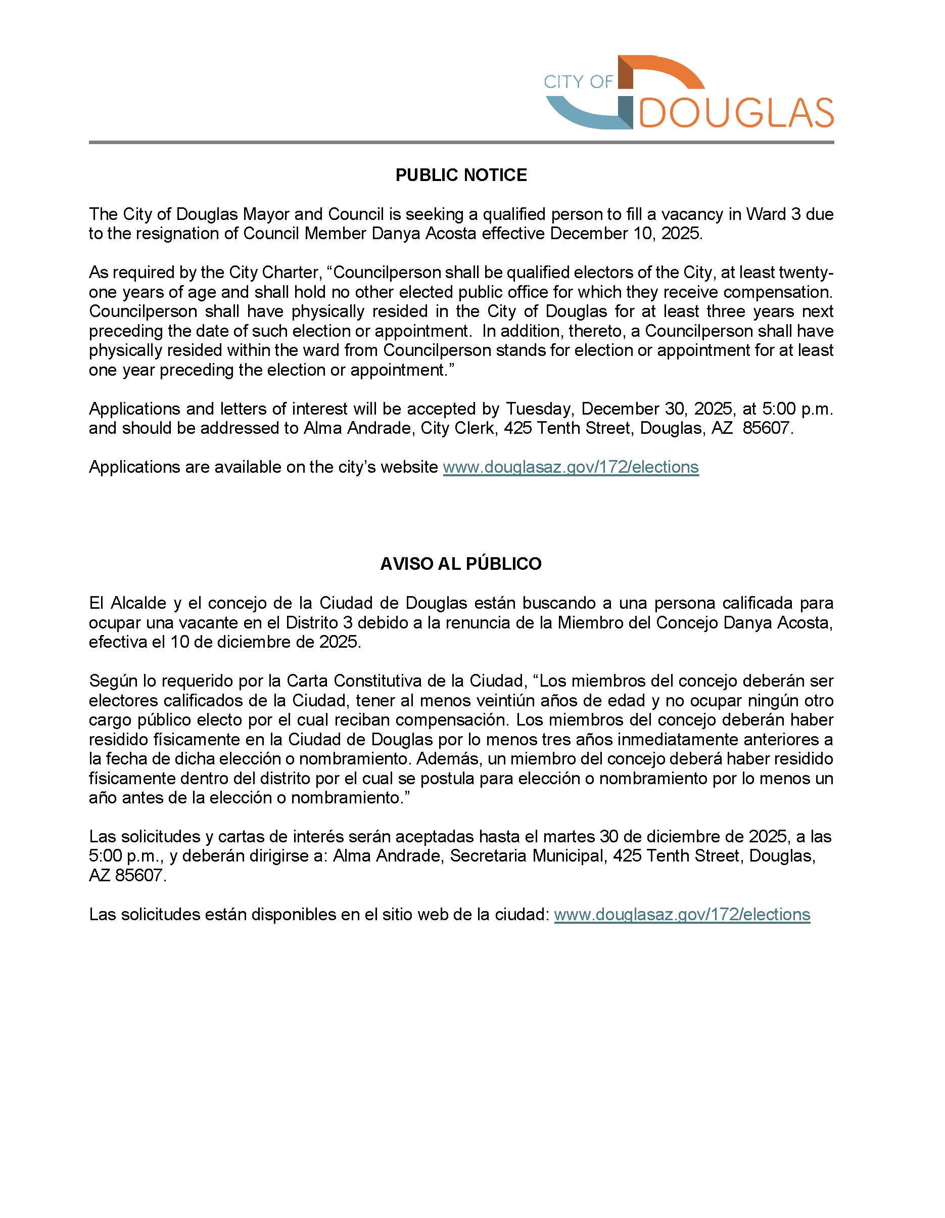 Public Notice Council Vacancy Ward 3